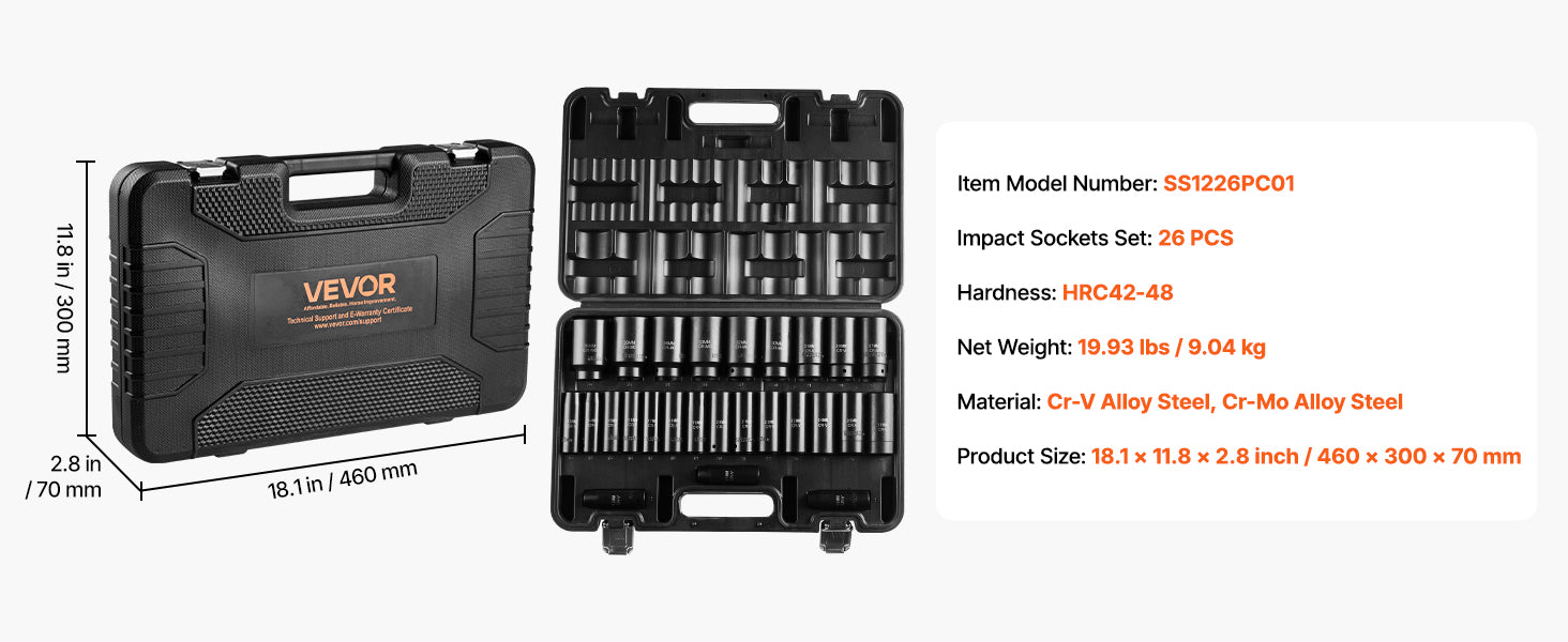SucceBuy 26/65PCs US Plus Drive Impact Socket Set Deep Standard Socket Set SAE Metric 6 Point CR-V Cr-Mo Alloy Steel Auto Repair
