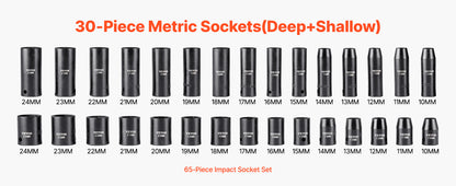 SucceBuy 26/65PCs US Plus Drive Impact Socket Set Deep Standard Socket Set SAE Metric 6 Point CR-V Cr-Mo Alloy Steel Auto Repair