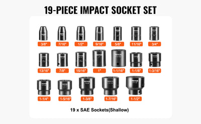 SucceBuy Impact Socket Set 1/2 Inches 19 Piece Impact Sockets Standard Socket Assortment 1/2 Inches Drive Socket Set