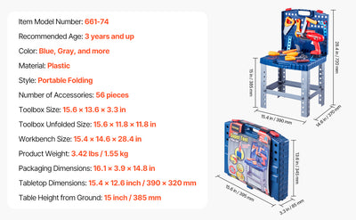 SucceBuy 56pcs Kids Work Bench Tool Set with Realistic Tools Pretend Play Construction Workbench Toys for Toddler Children Toys