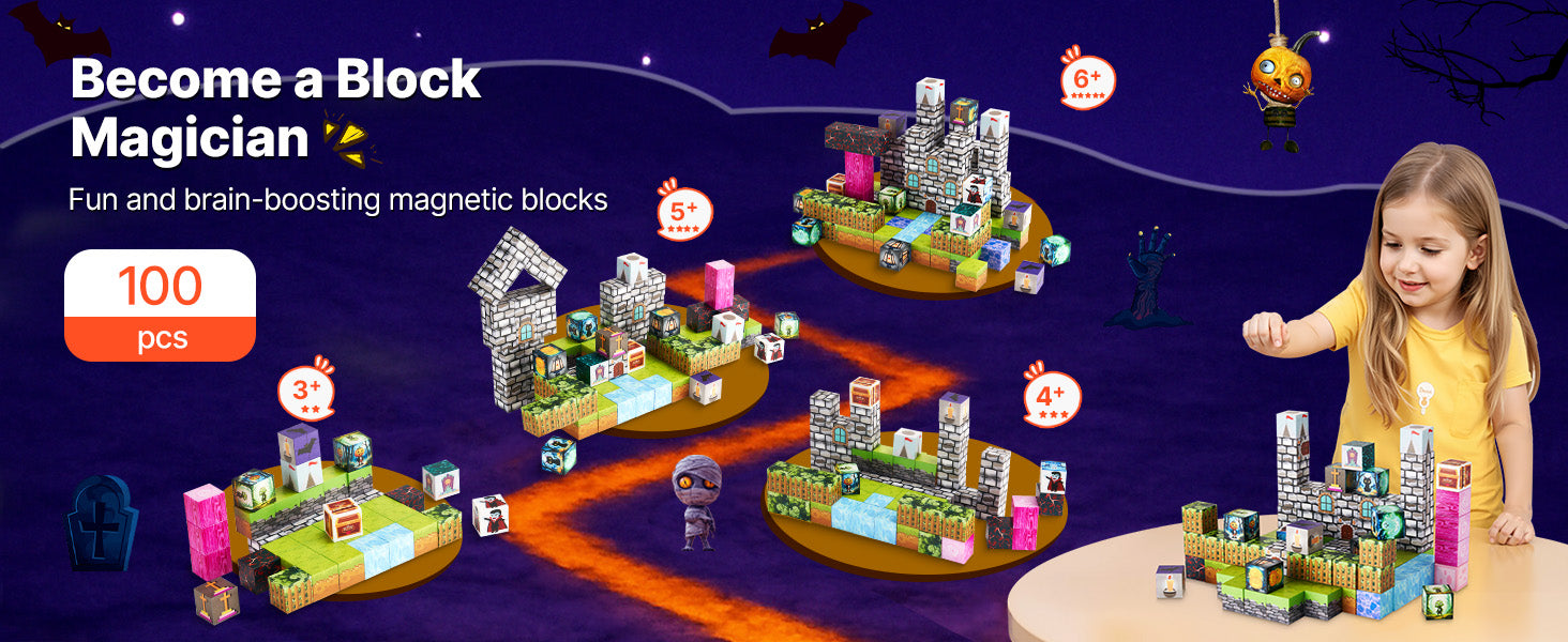 SucceBuy 100PCS Magnetic Blocks Cemetery Zombies Set Magnetic Building Cubes Construction Stacking Toys for Kids Birthday Gift