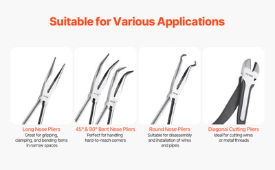 SucceBuy 5-Piece Needle Nose Pliers 11 in Long Needle Nose Pliers Set Diagonal Cutting Pliers 45°/90° Bent Round Nose Plier