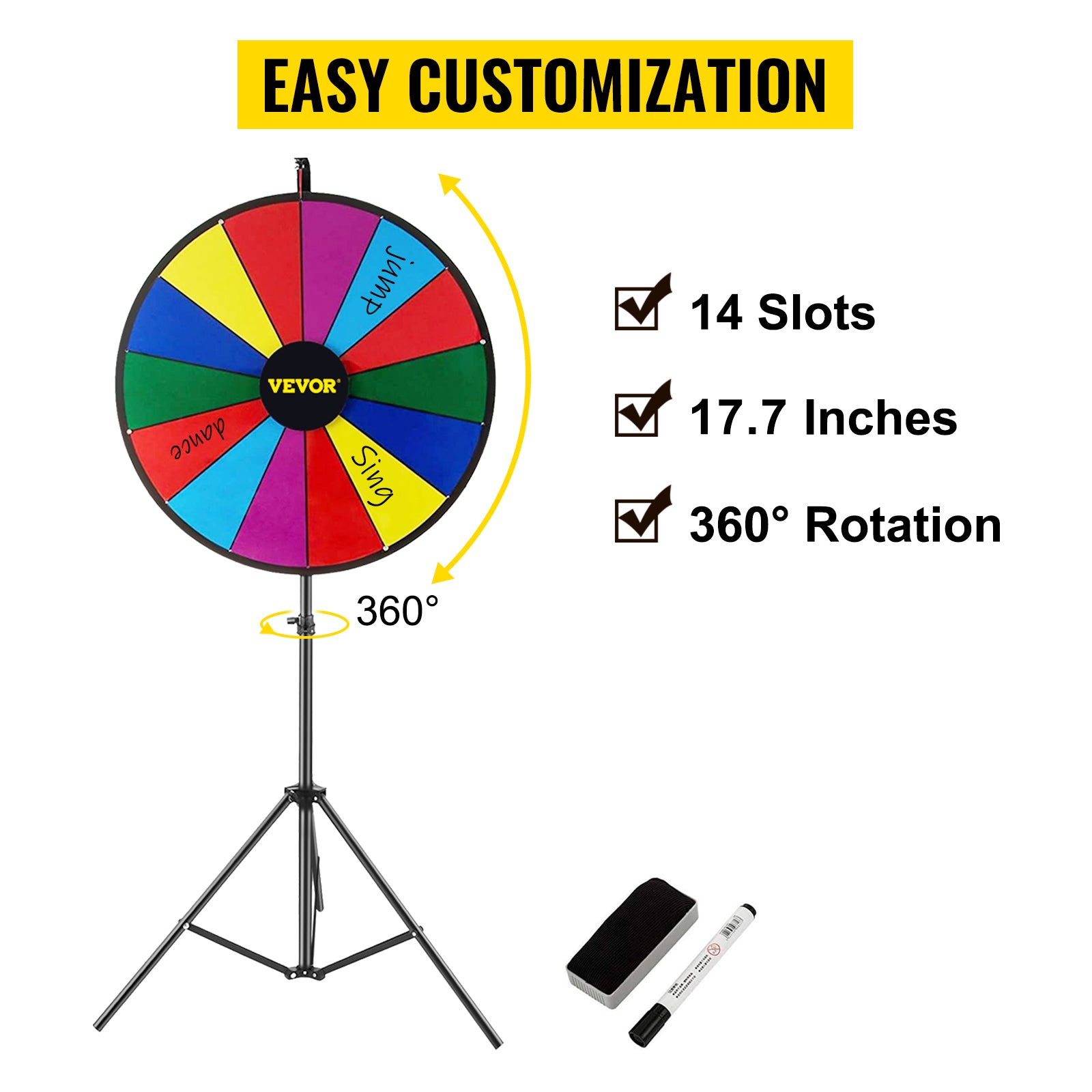 SucceBuy 18 Inch Tabletop Color Prize Wheel w/ Folding Tripod Floor Stand 14 Slots Dry Erase for Win Fortune Spinning Stand Game - Smarsty