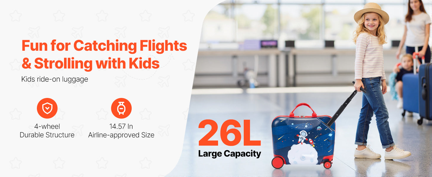 SucceBuy 18in Ride-on Luggage 26L Tow Along Toddler Carry on Luggage with Wheels Kids Riding Suitcase for Boys & Girls Gifts