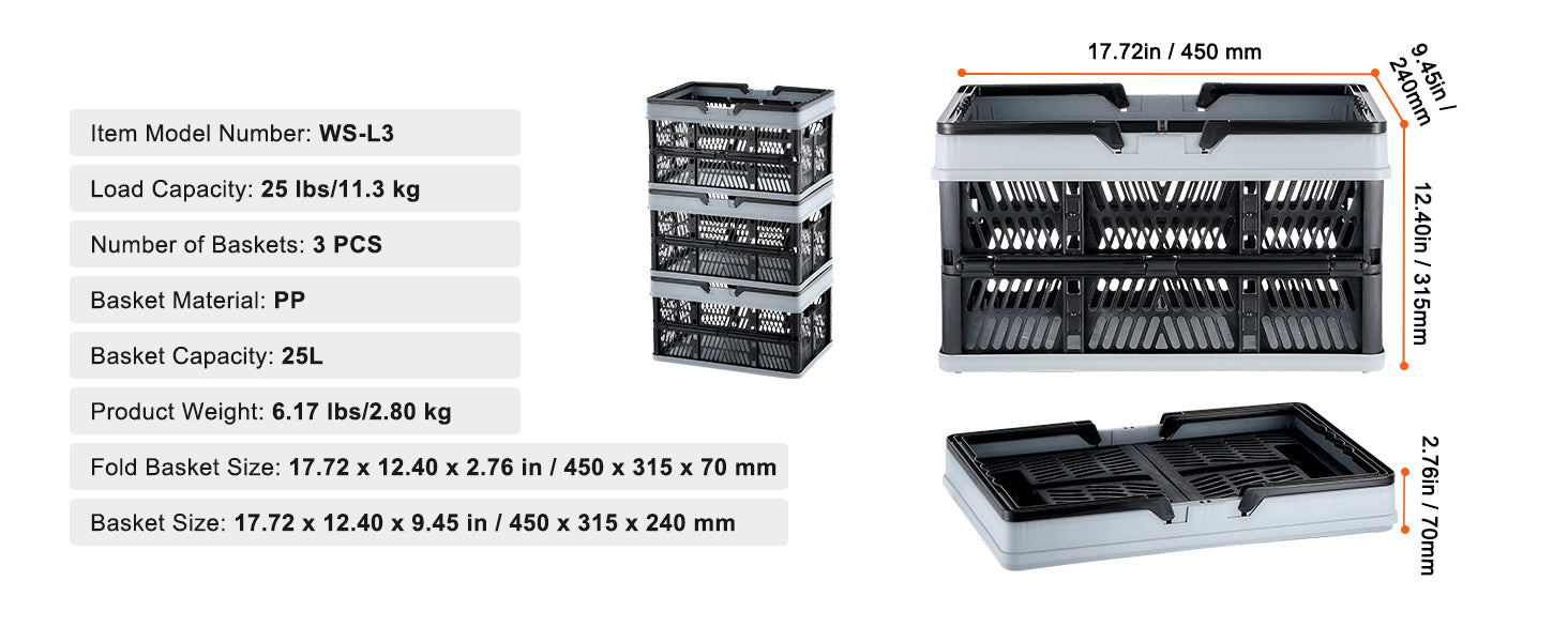 SucceBuy 3pcs Foldable Storage Basket Collapsible Shopping Crate with Handle for Kitchen Grocery Room Desktop Organization