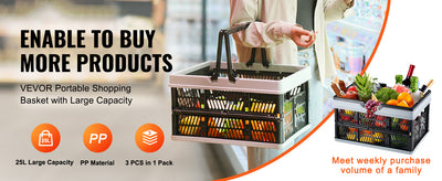 SucceBuy 3pcs Foldable Storage Basket Collapsible Shopping Crate with Handle for Kitchen Grocery Room Desktop Organization
