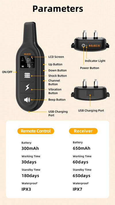 ROJECO Rechargeable Waterproof Dog Training Collar - Smarsty