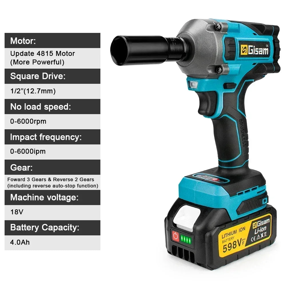 Gisam 1000NM Brushless Electric Impact Wrench Power Tool - Smarsty