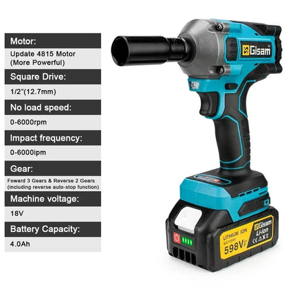 Gisam 1000NM Brushless Electric Impact Wrench Power Tool - Smarsty
