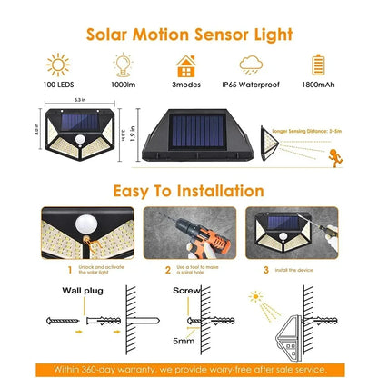 100 LED Solar Wall Lamp with Motion Sensor Waterproof Outdoor Light - Smarsty