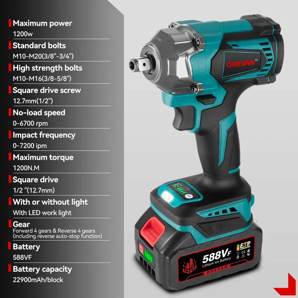 Onevan 1200N M Brushless Electric Impact Wrench Cordless Convenience - Smarsty