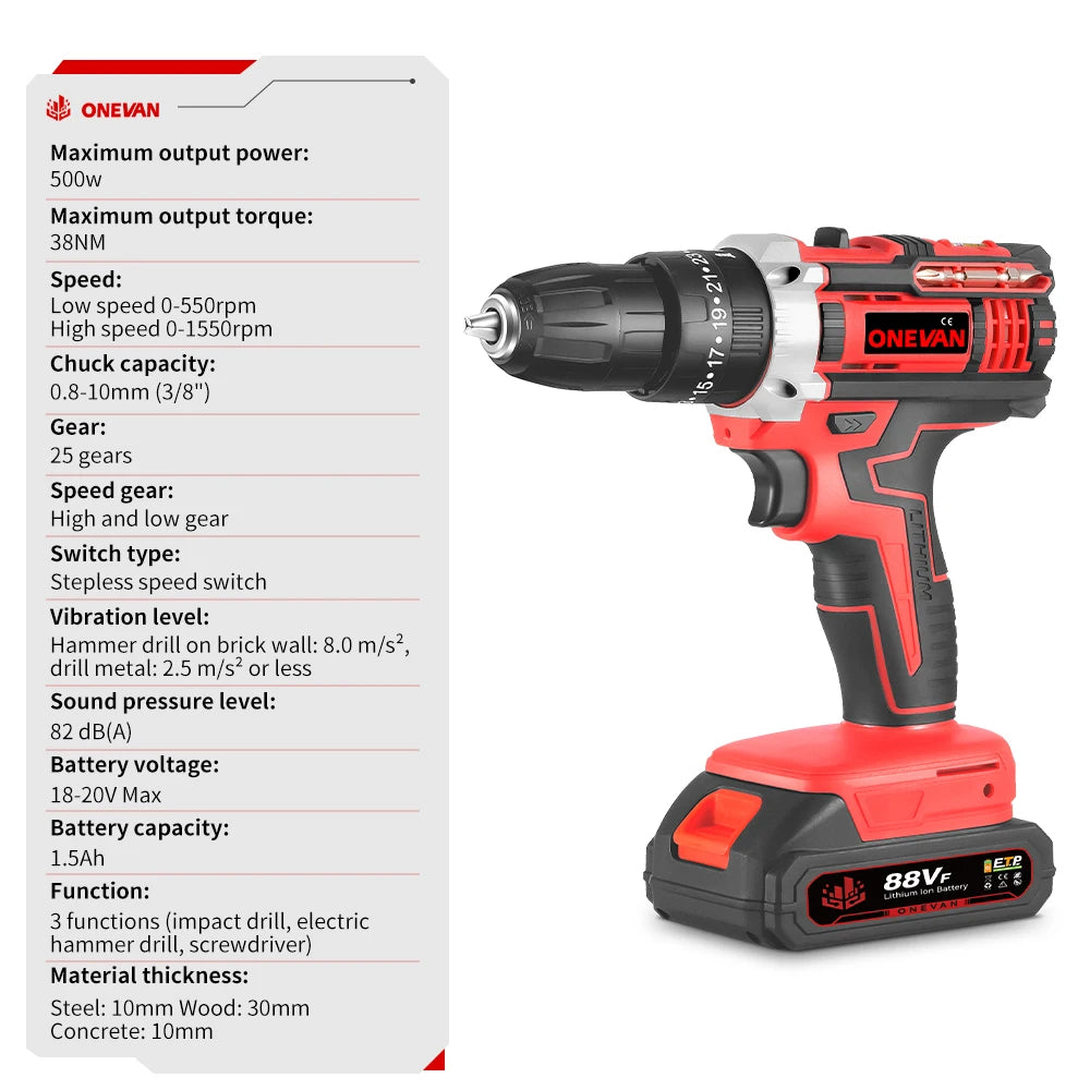 ONEVAN 500W Cordless Impact Drill Set for Woodworking - Smarsty