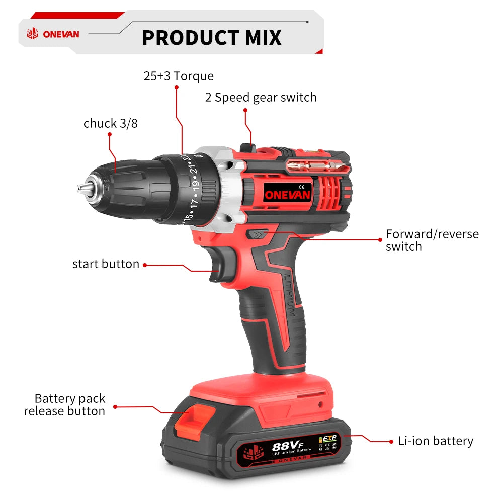 ONEVAN 500W Cordless Impact Drill Set for Woodworking - Smarsty