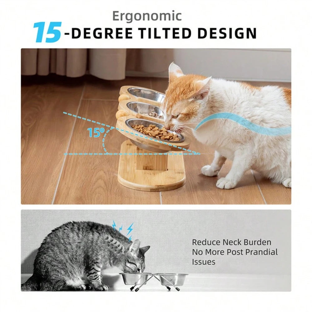 Tilted Raised Cat Feeder with Three Stainless Steel Bowls - Smarsty