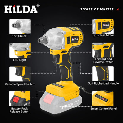 HILDA 21V Rechargeable Electric Impact Wrench Cordless - Smarsty