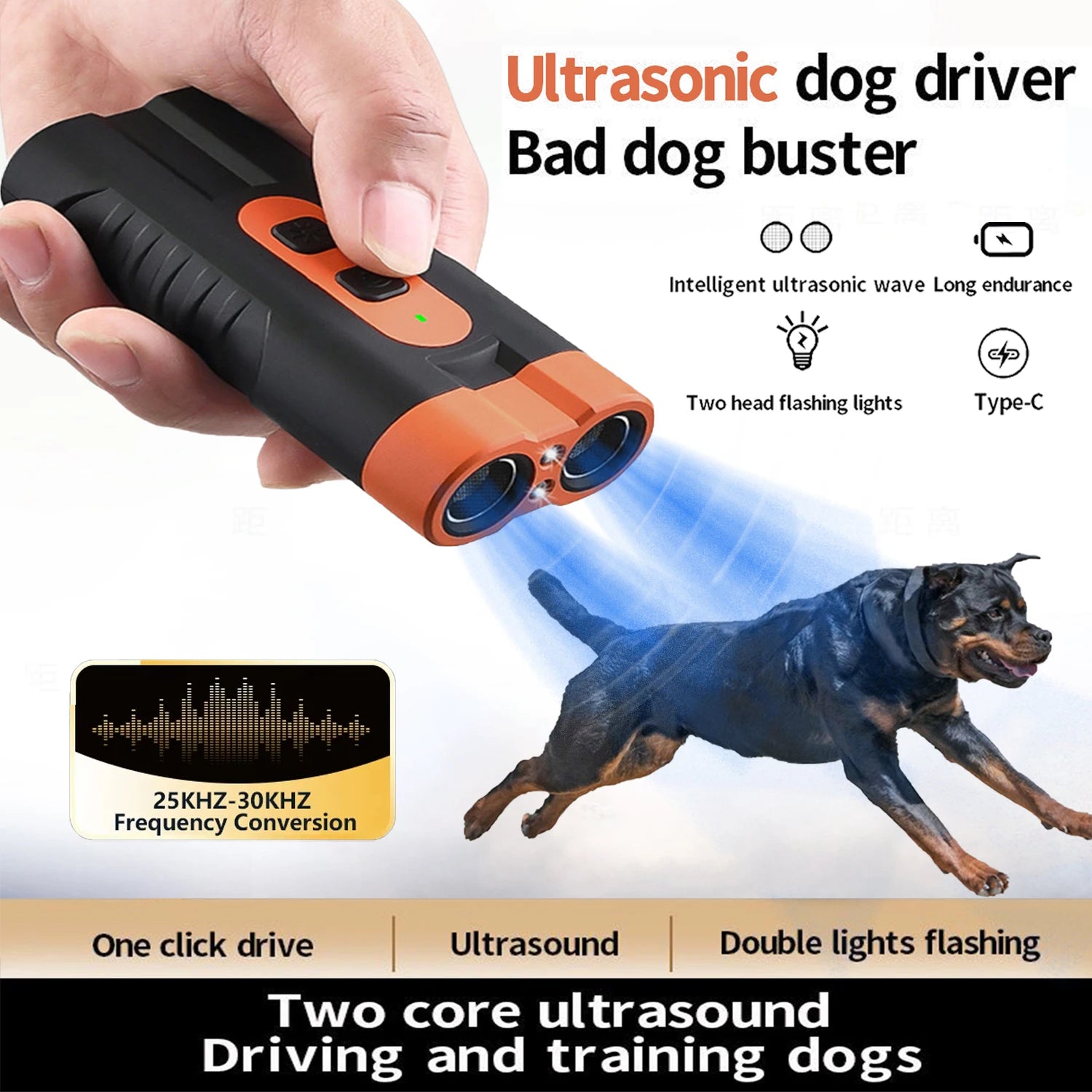 Dual Head Ultrasonic Dog Repeller with LED Flashlight - Smarsty