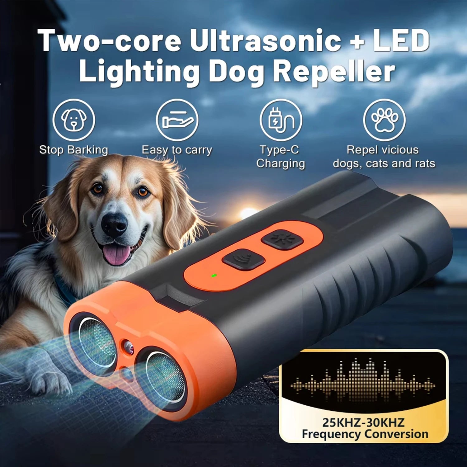 Dual Head Ultrasonic Dog Repeller with LED Flashlight - Smarsty