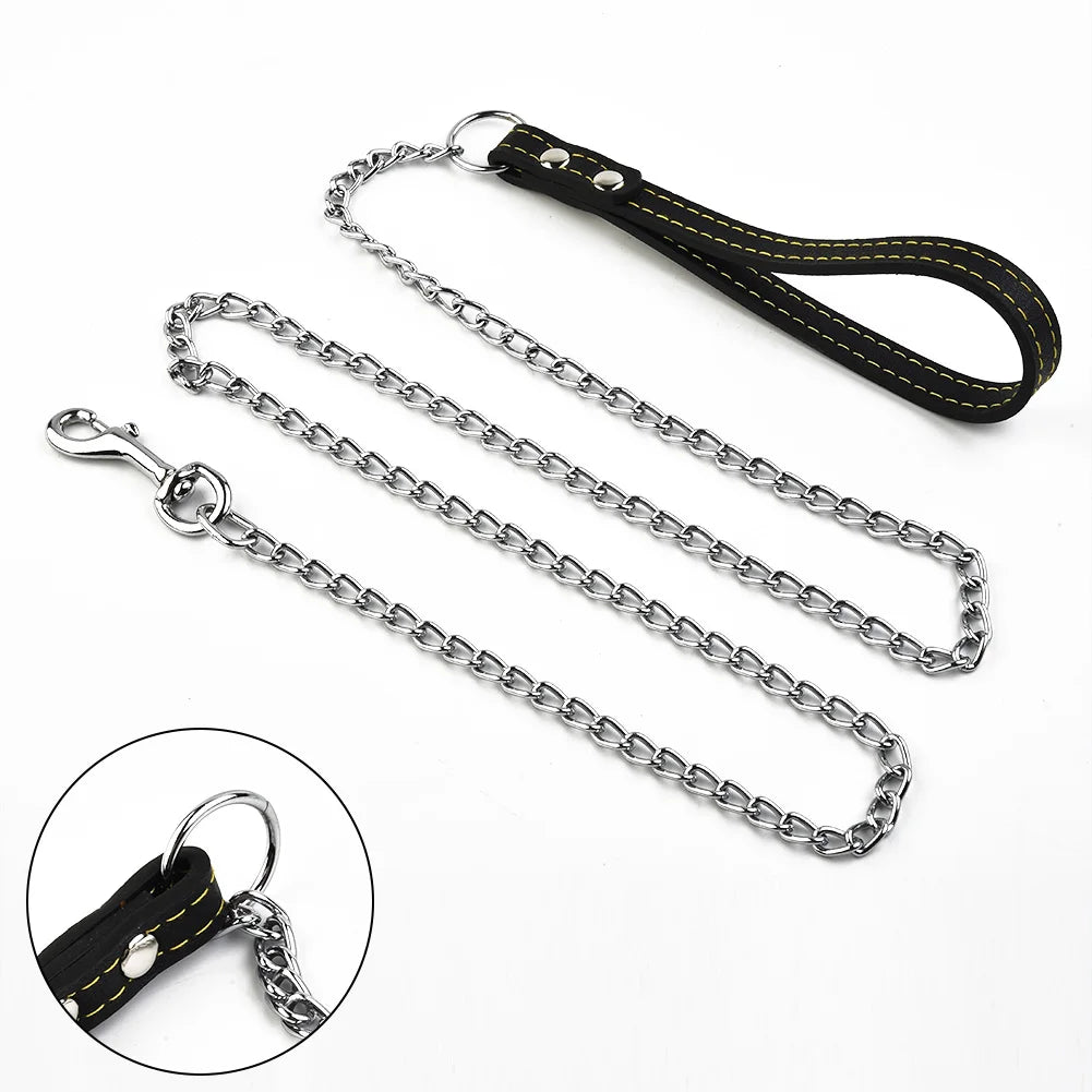Metal Chain Dog Lead With Durable Leather Handle - Smarsty