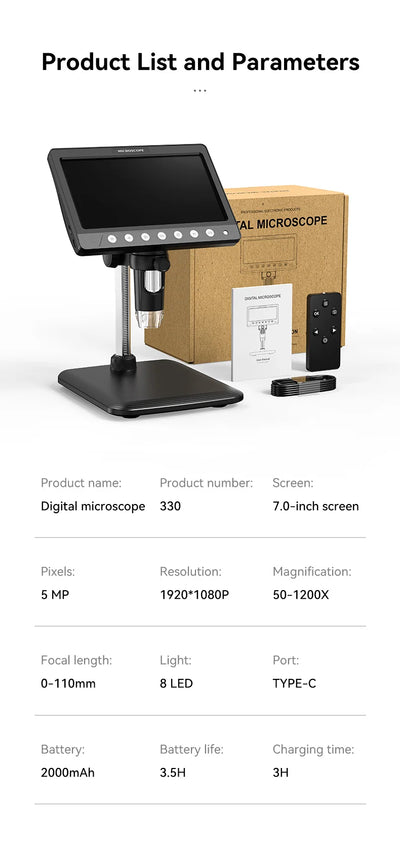 Portable 7 Inch Digital Microscope with 1200X Magnification - Smarsty