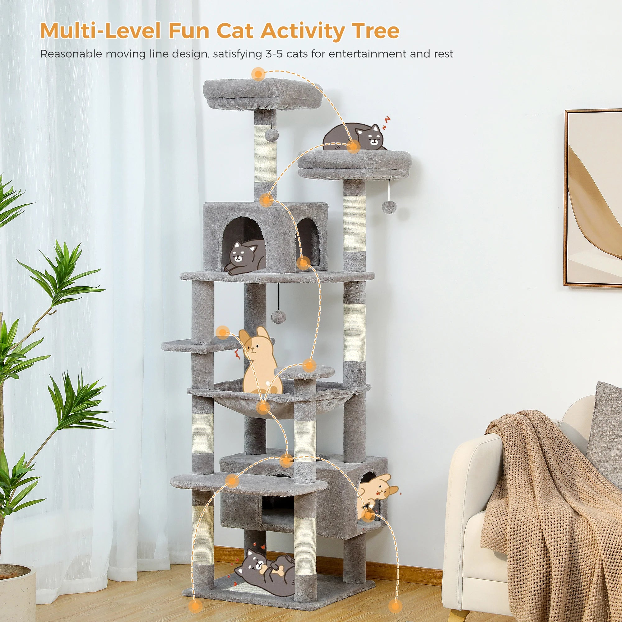 184CM Large Cat Tree with Scratching Posts and Hammock - Smarsty