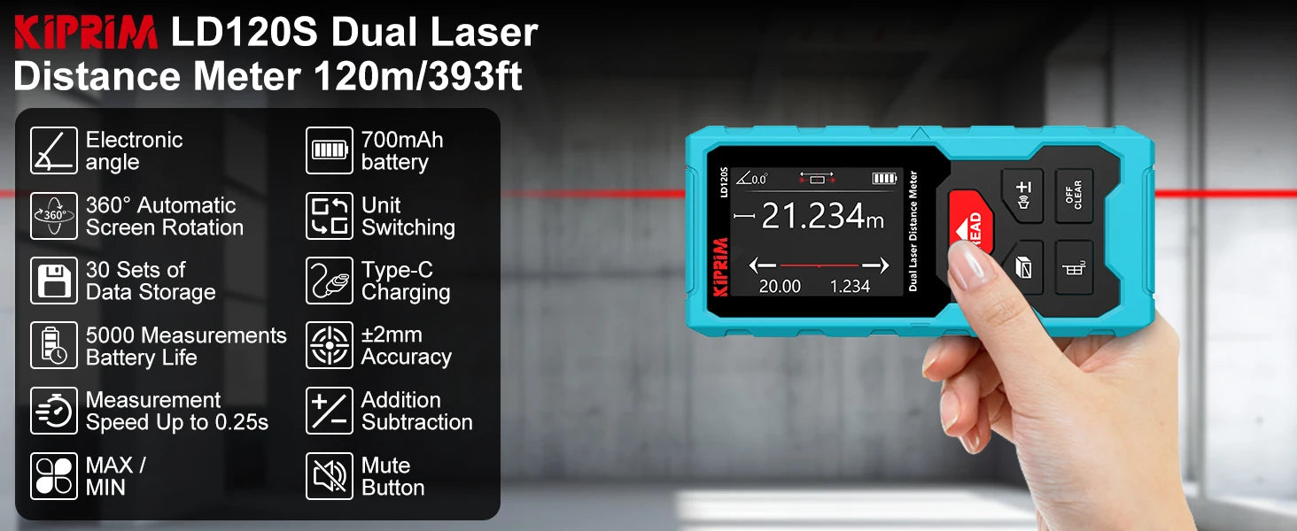 Kiprim Rechargeable Dual Laser Distance Meter 120m - Smarsty