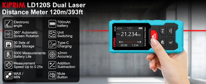 Kiprim Rechargeable Dual Laser Distance Meter 120m - Smarsty