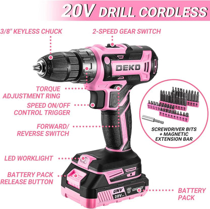 DEKO Pink 20V Cordless Drill Tool Kit Set - Smarsty