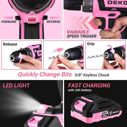 DEKO Pink 20V Cordless Drill Tool Kit Set - Smarsty