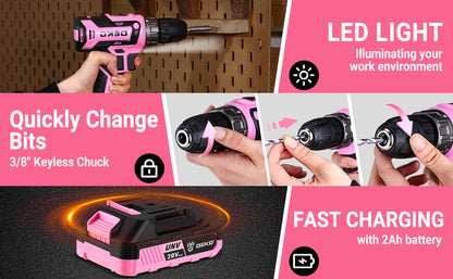 DEKO Pink 20V Cordless Drill Tool Kit Set - Smarsty