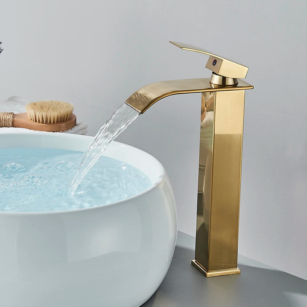 Brushed Gold Waterfall Bathroom Sink Faucet Mixer - Smarsty