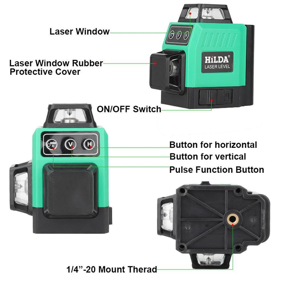 HILDA Mini 12 Line Laser Level With Powerful Green Beam - Smarsty