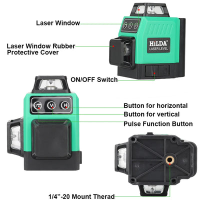 HILDA Mini 12 Line Laser Level With Powerful Green Beam - Smarsty