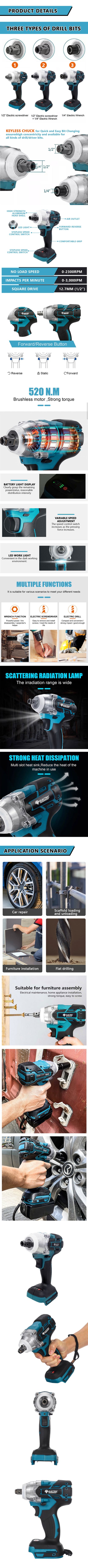 Cordless Electric Impact Wrench 520N.m Brushless Power Tool - Smarsty