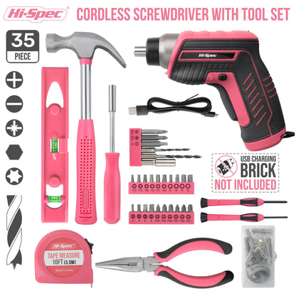 Hi-Spec 35 Piece Pink Black Cordless Screwdriver Set - Smarsty