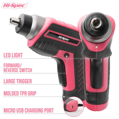 Hi-Spec 35 Piece Pink Black Cordless Screwdriver Set - Smarsty