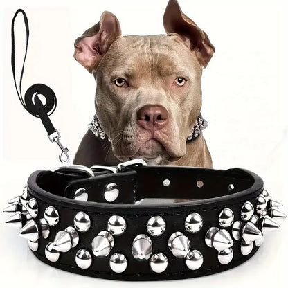 Spiked Leather Dog Collar and Leash Set for Outdoor Use - Smarsty