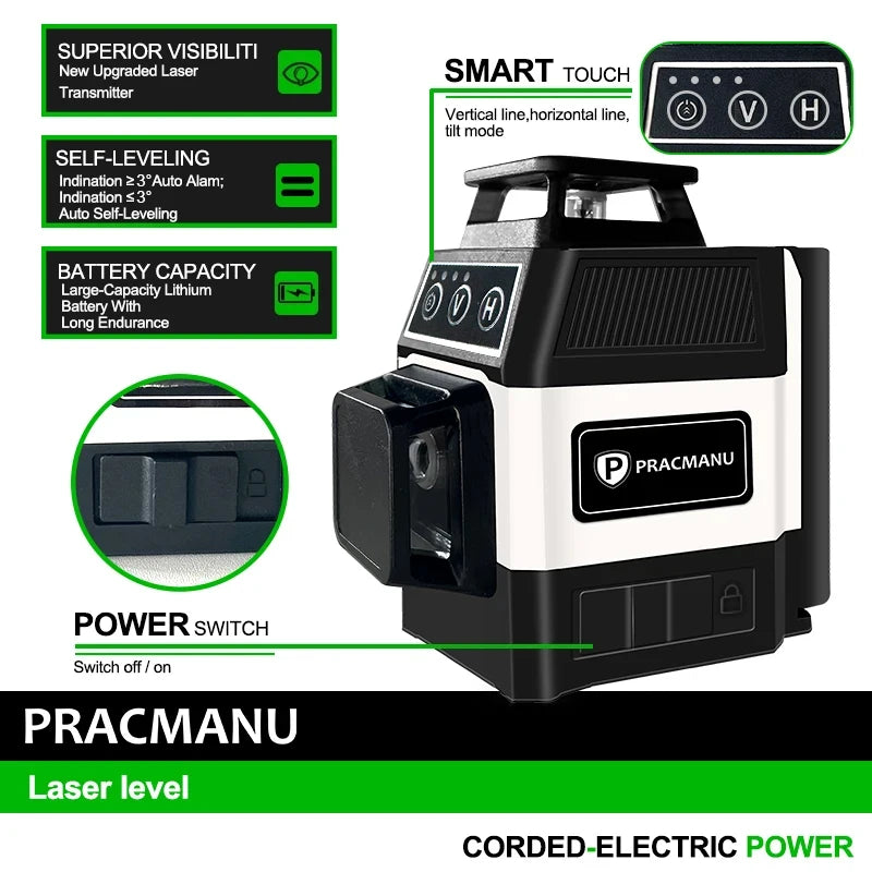 Pracmanu Mini 12 Lines Laser Level with Green Beam - Smarsty