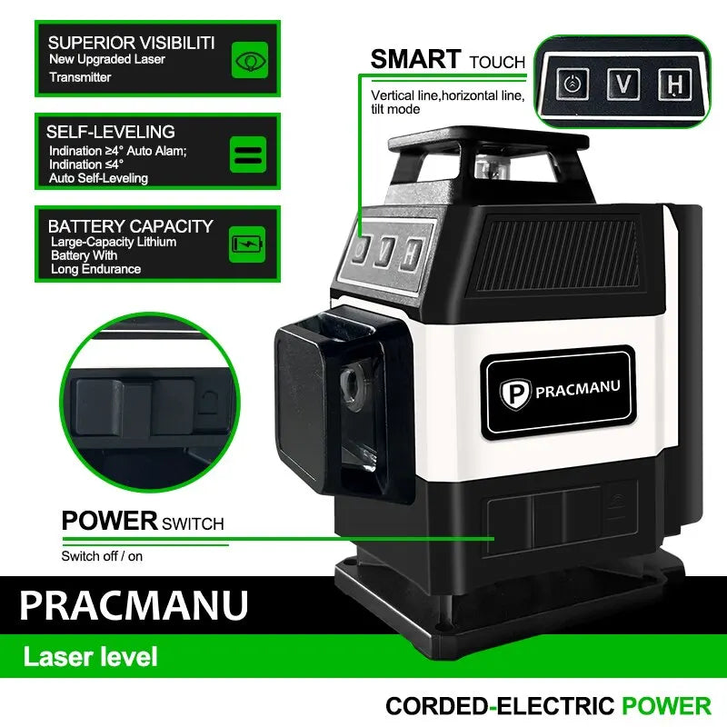 Pracmanu Mini 16 Lines Green Laser Level with Remote Control - Smarsty