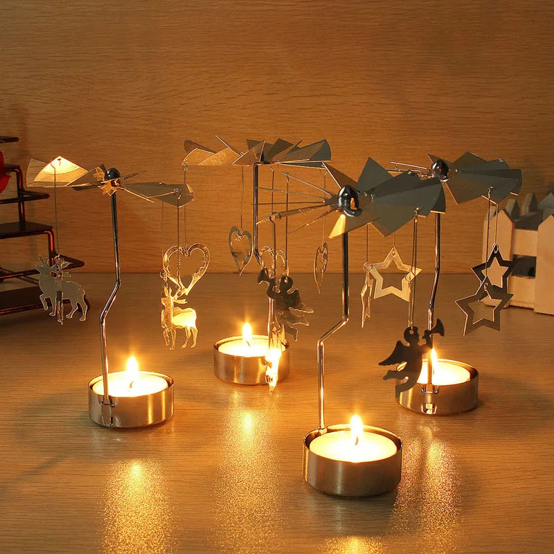 Silver Rotating Carousel Tea Light Candle Holder Decor - Smarsty