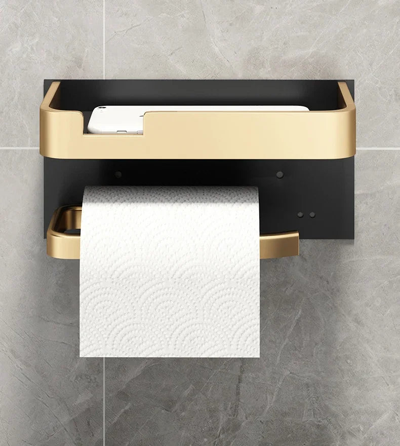 Black Gold Wall Mount Toilet Paper Holder with Shelf - Smarsty