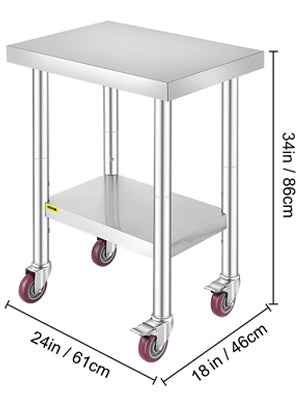 SucceBuy Stainless Steel Kitchen Worktable shelves Commercial Work Bench Table with Caster Wheels for Home Restaurant Storage