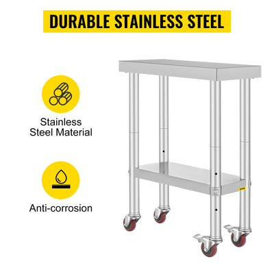 SucceBuy Stainless Steel Kitchen Worktable shelves Commercial Work Bench Table with Caster Wheels for Home Restaurant Storage - Smarsty