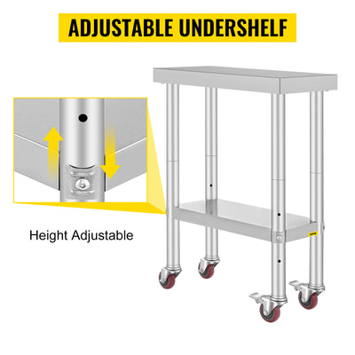 SucceBuy Stainless Steel Kitchen Worktable shelves Commercial Work Bench Table with Caster Wheels for Home Restaurant Storage - Smarsty
