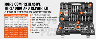 SucceBuy Tap and Die Set 40PCs 60PCs 80PCs 110/116PCs Metric SAE Standard Bearing Steel Taps and Dies Essential Threading Tool - Smarsty