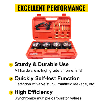 SucceBuy Fuel Vacuum Carburetor Synchronizer Carb Tool sync 4 Gauge Set with Rubber Hose Vacuum Balancer Meter Kit For Motorbike
