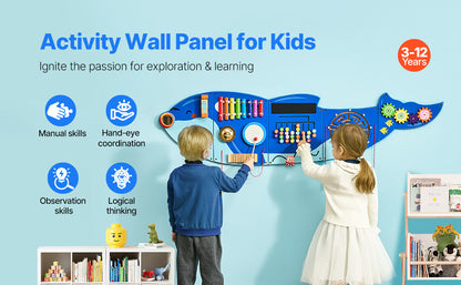 SucceBuy Orca Kids Wall Busy Board 12 Activities Hanging Panels Montessori Sensory Learning Toys for Toddler 3-12 Play Toys
